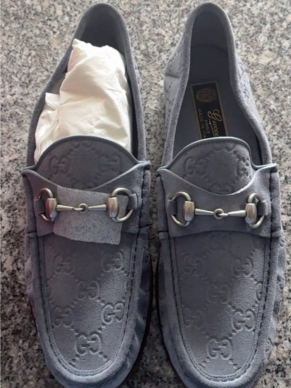 Gucci Men's Grey Suede GG Embossed Horsebit Loafers